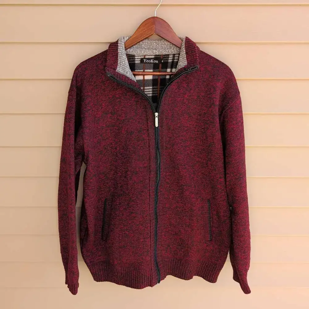YeoKou Full Zip Cardigan Sweater Mens L Burgundy Plaid Lined Cashmere Blend